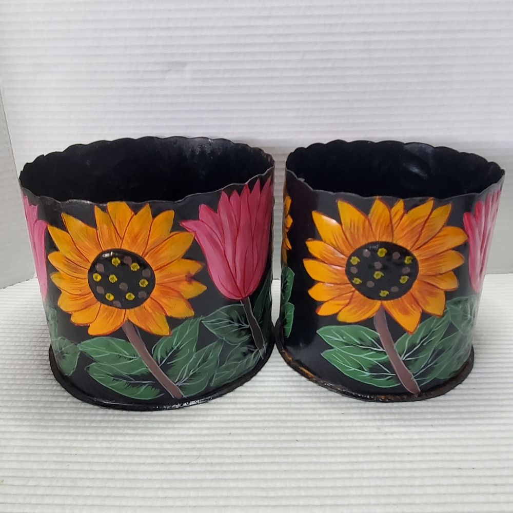 2 Floral Tin Metal Planter Pot Sunflower Tulip Vintage Boho 6"x7" & 6"x6"